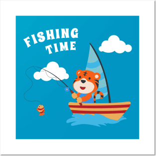 Vector cartoon illustration of cute tiger fishing on sailboat with cartoon style. Posters and Art